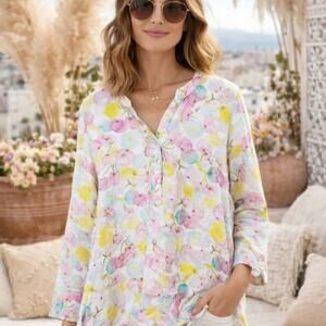 Alison Sherri Multi Color Polka-dot Tunic Top 3/4 Sleeve Shell Button Sz L Artsy